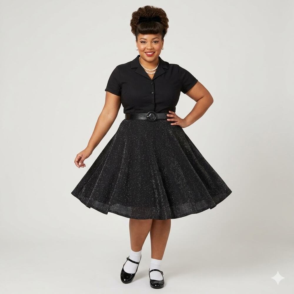 Unique Vintage Black Silver Shimmer Glitter Full Skater Plus Mini Skirt Women 2X